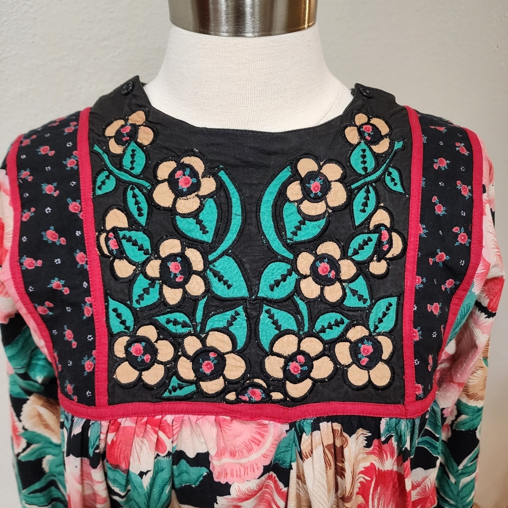 Vintage Starina Dress Dark Floral Cotton Modest Embroidered Women's size Small - Picture 3 of 10